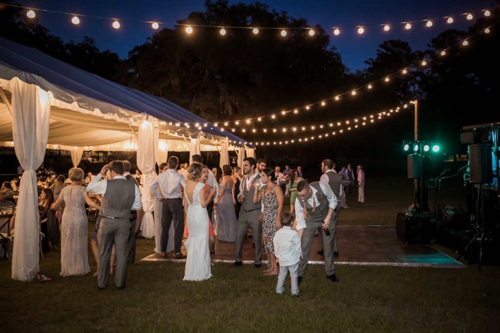 wedding reception with string lights