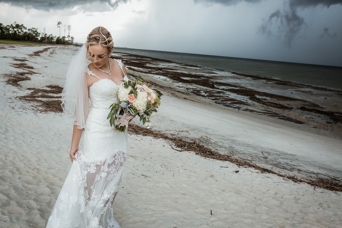 bride looking away on Hilton Head beach