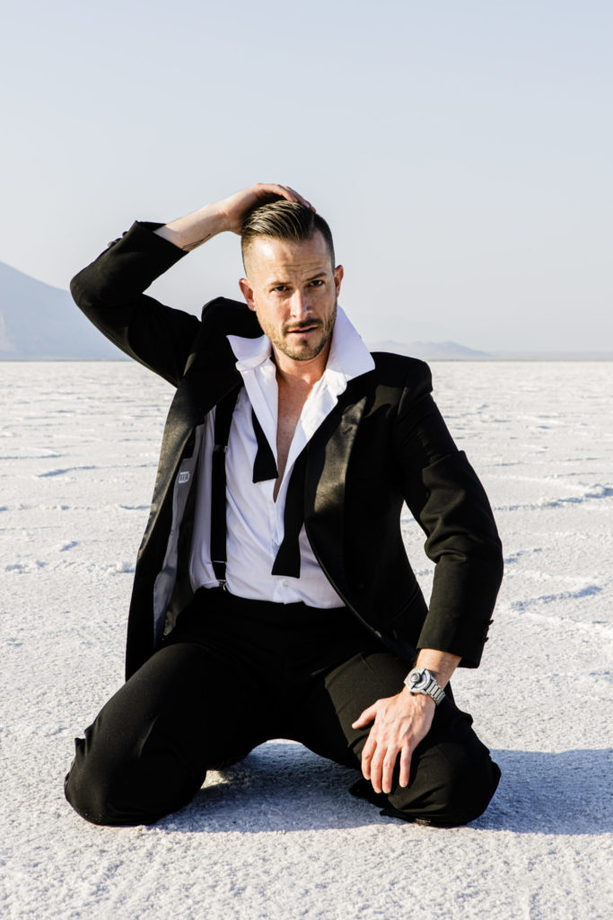 James Bond suiting on model on Salt Flats running