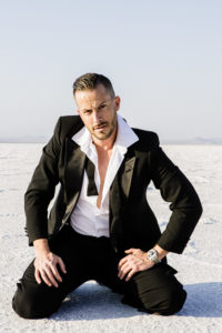 James Bond suiting on model on Salt Flats running