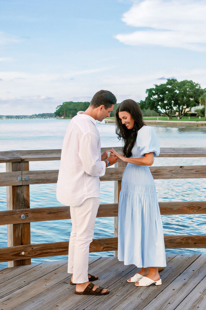 Marriage proposal photography at Harbour Town in Hilton Head with a violinist