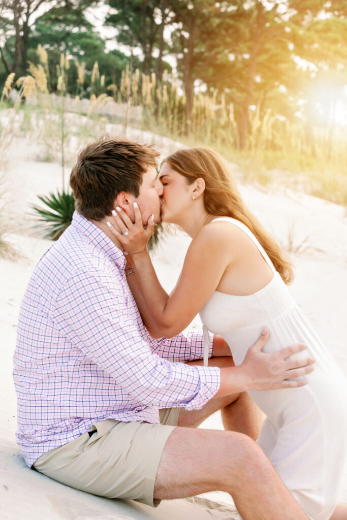 Marriage proposal photography on the beach in Hilton Head with a picnic set up