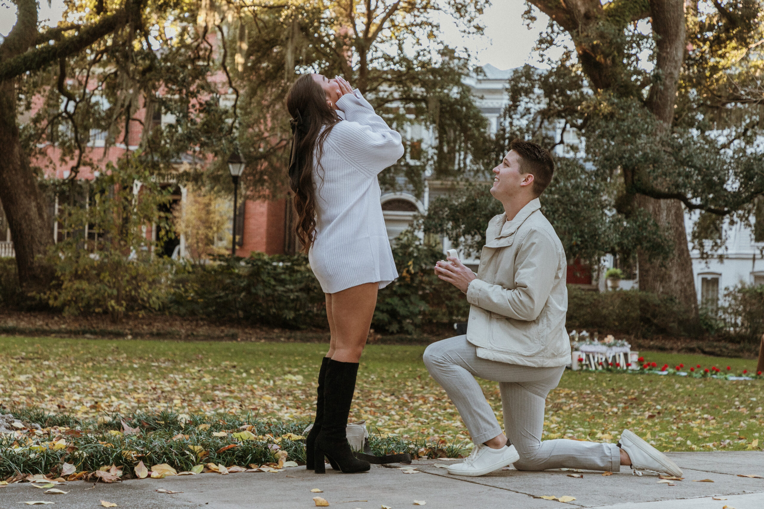 Marriage proposal photography captured by photographer at Forsyth Park in Savannah, GA