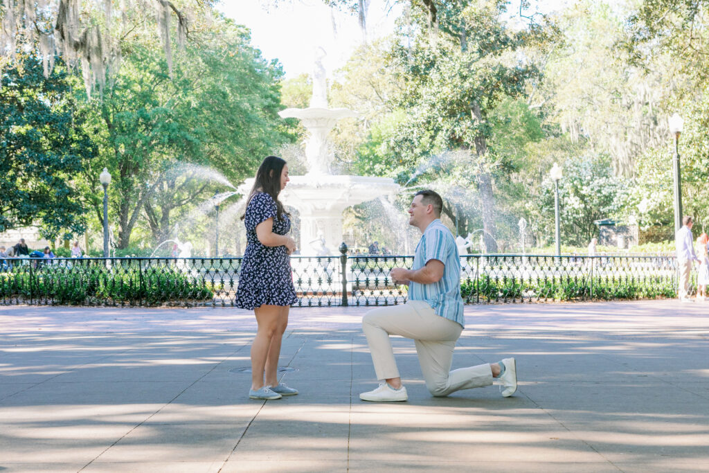 Marriage proposal captured by photographer Lisa Staff  at Forsyth Park, Savannah