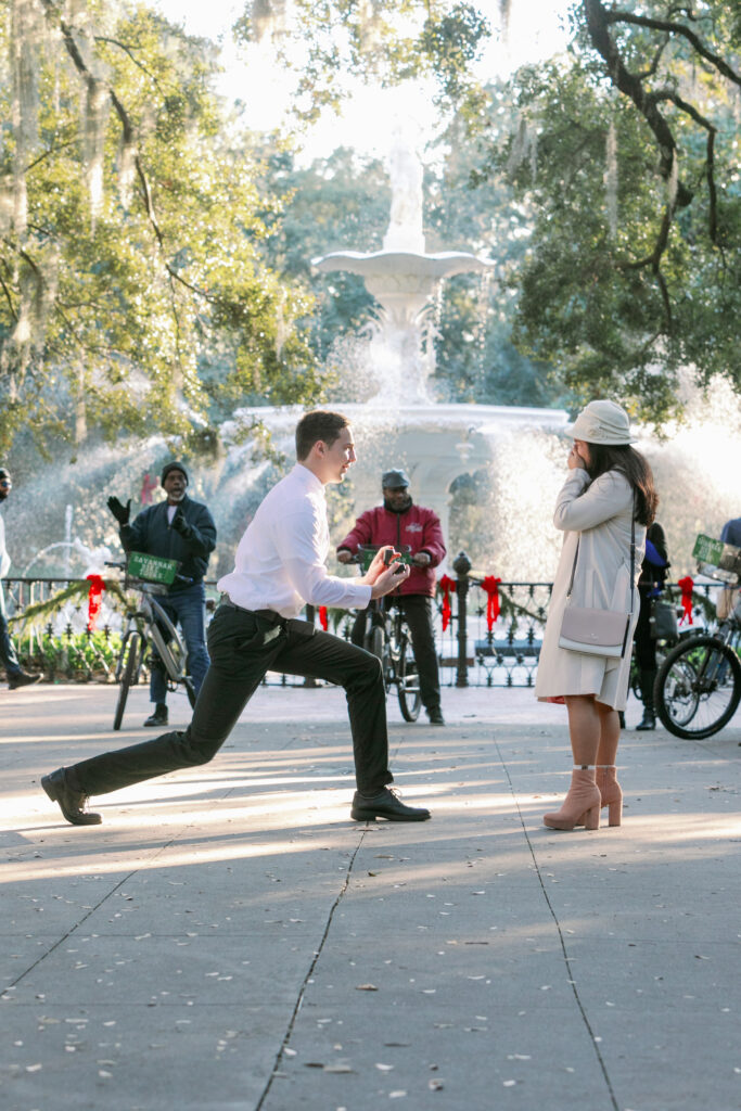 Marriage proposal captured by photographer Lisa Staff  at Forsyth Park, Savannah