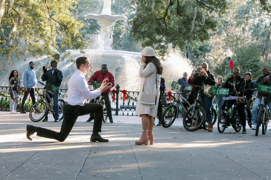 Marriage proposal captured by photographer Lisa Staff  at Forsyth Park, Savannah