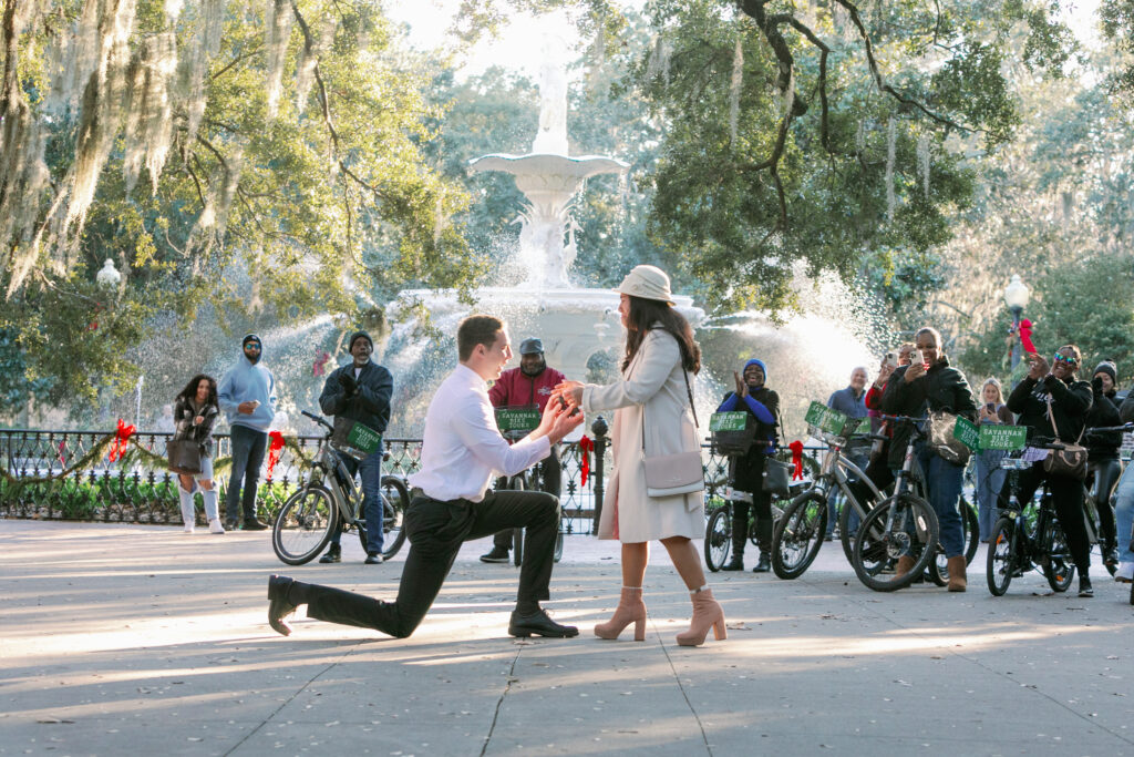 Marriage proposal captured by photographer Lisa Staff  at Forsyth Park, Savannah