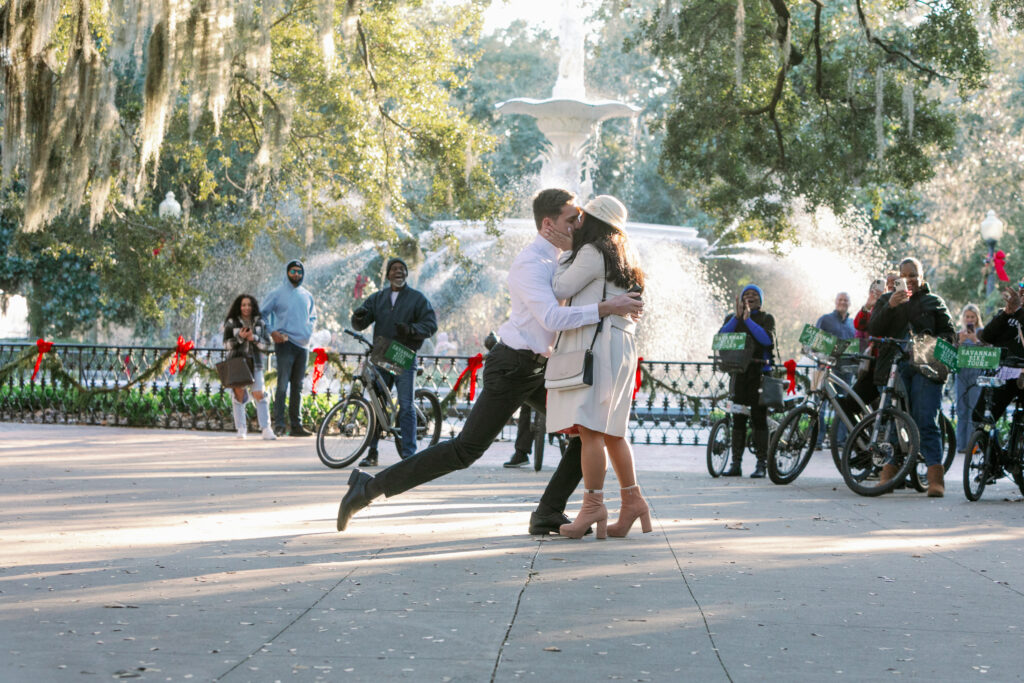 Surprise wedding proposal at Forsyth Park, Savannah