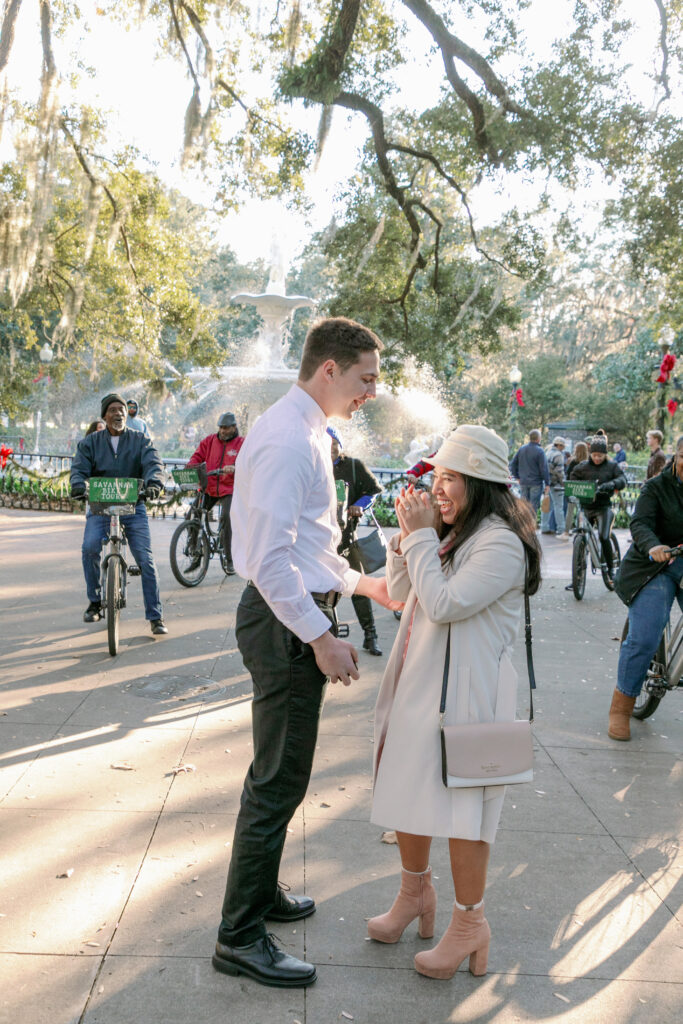 Marriage proposal captured by photographer Lisa Staff  at Forsyth Park, Savannah