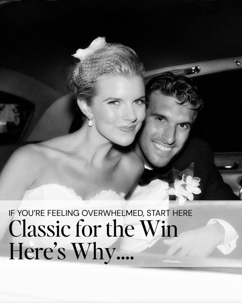 A beautiful wedding couple in the back of their limo in classic formal black tie and gown