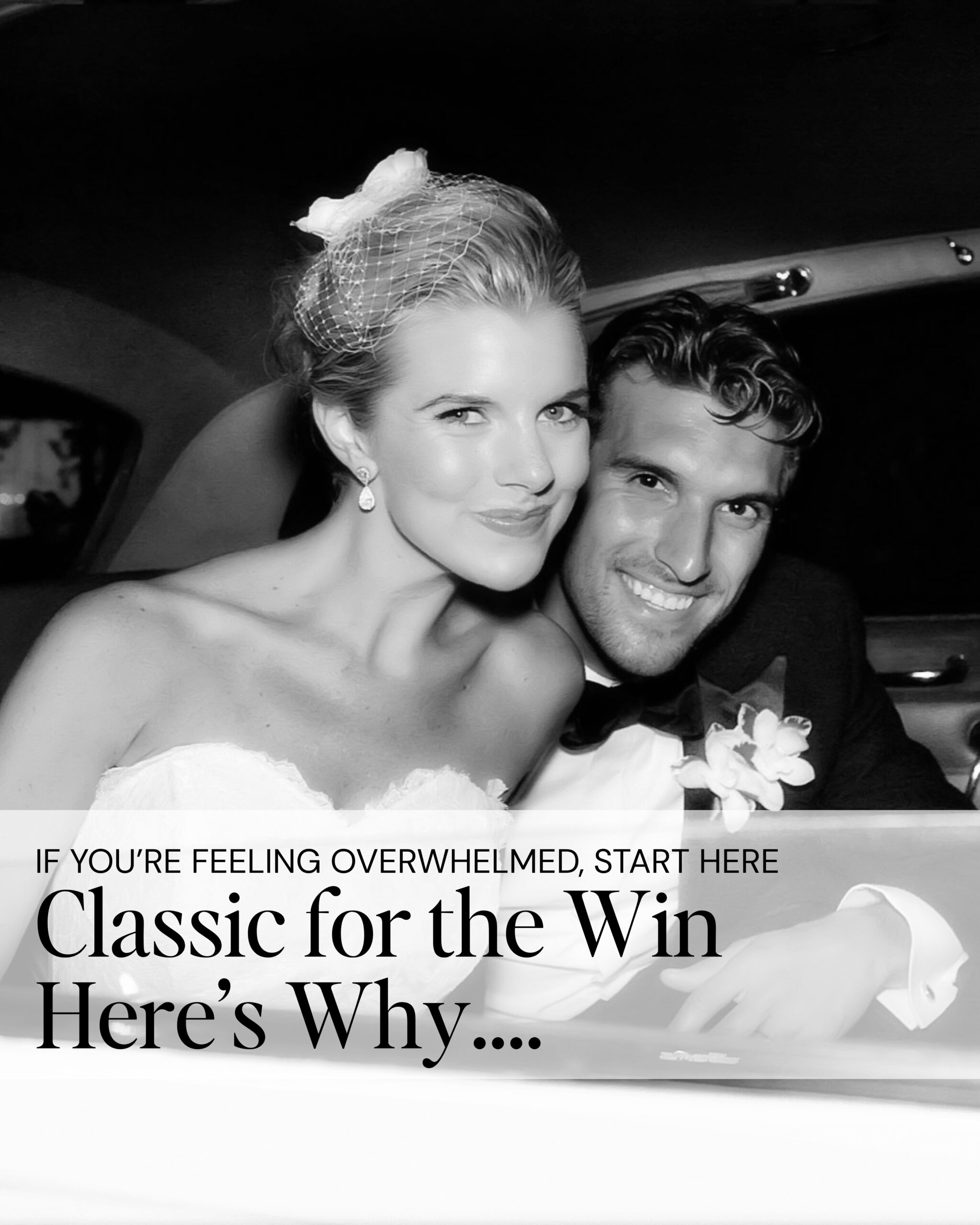 A beautiful wedding couple in the back of their limo in classic formal black tie and gown