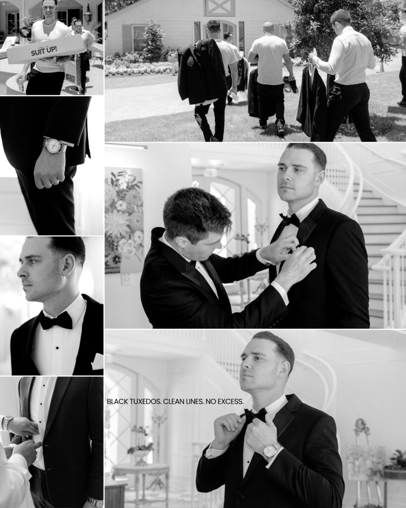  A groomsmen helping the groom with his tie and his tuxedo while he is getting ready to be married at Hewitt Oaks