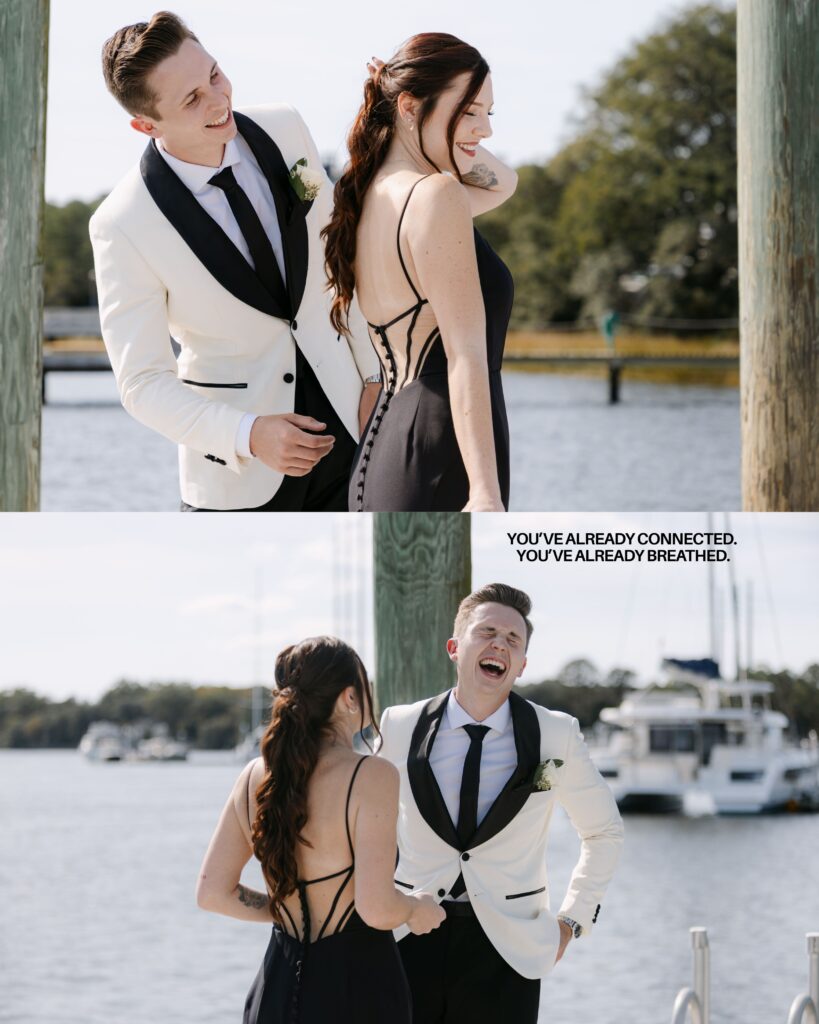A couple having their first look before their wedding out on a dock in Charleston