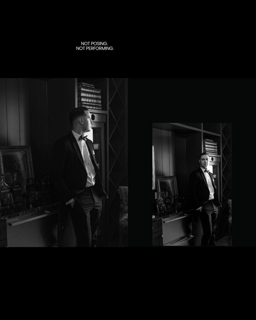 A groom in a black tuxedo in the cigar lounge at Hewitt Oaks