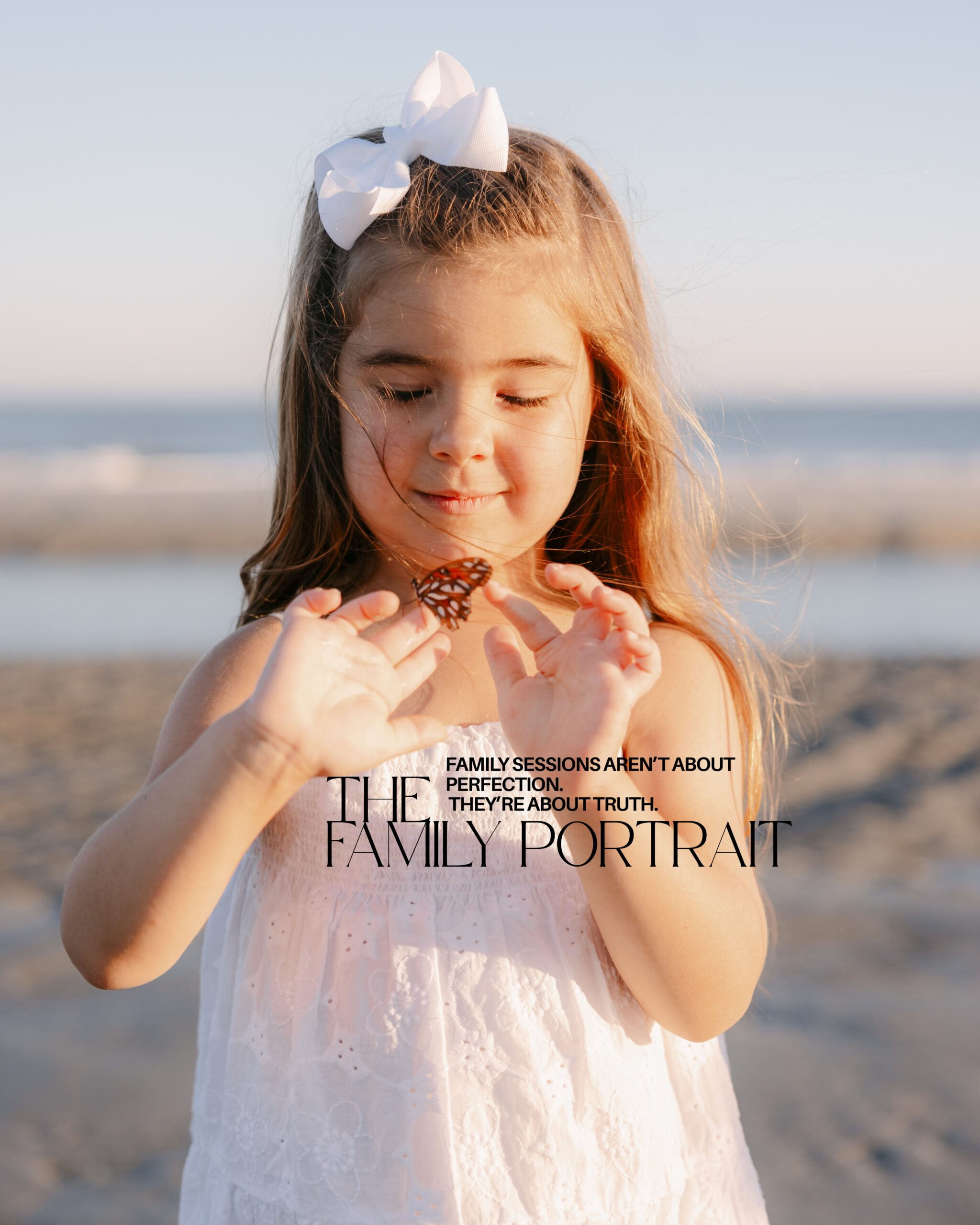A little girl on the Beach in Hilton Head with a bow in her hair and a butterfly on her hand