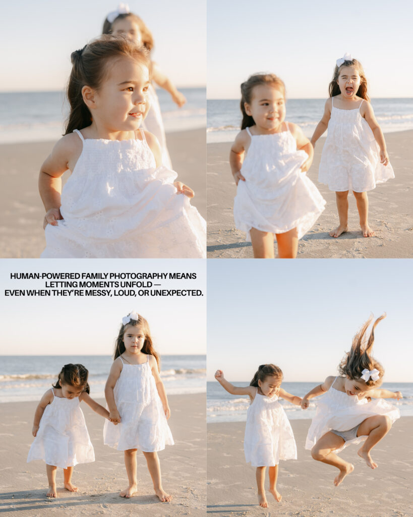 Family photography session on the beach in Hilton Head with the breeze blowing and the family dressed in white dresses jumping and playing on the beach