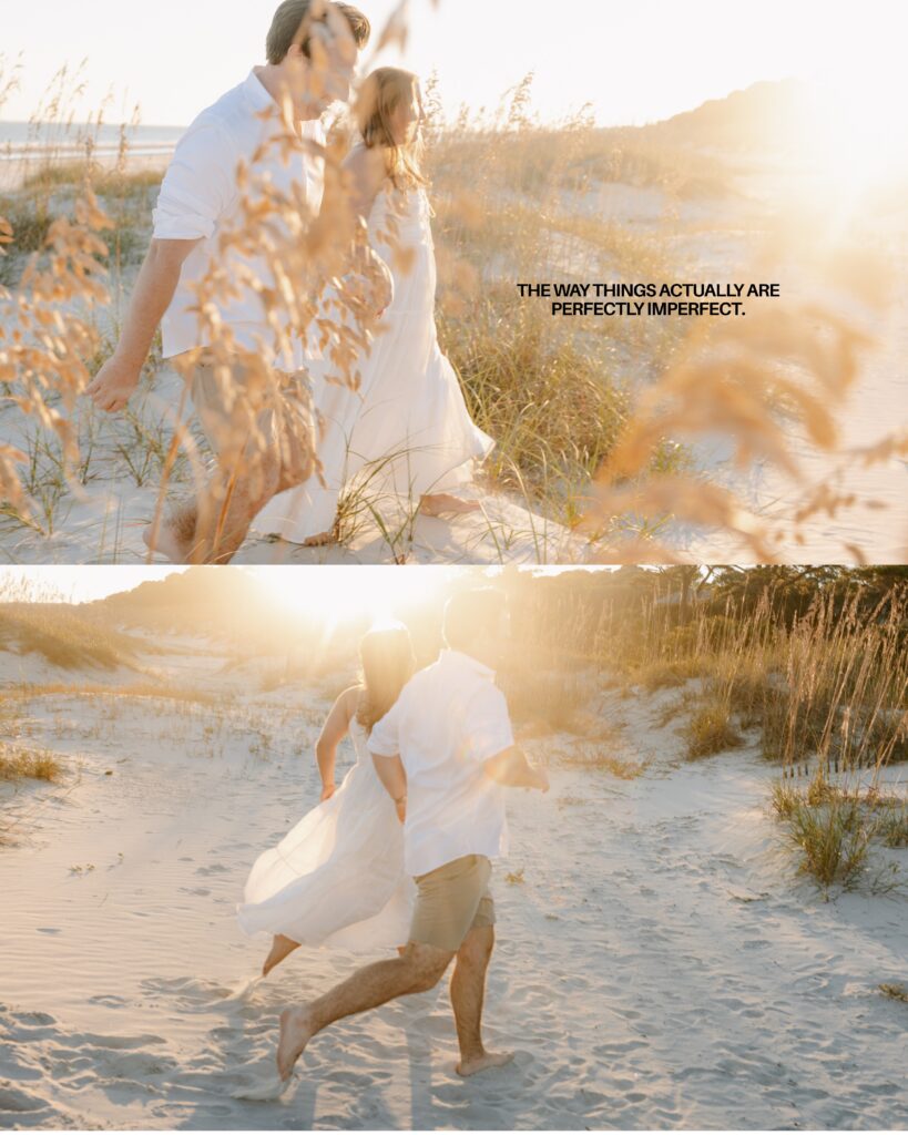 A couple on the beach in Hilton Head running through the beach grasses hand in hand during sunset
