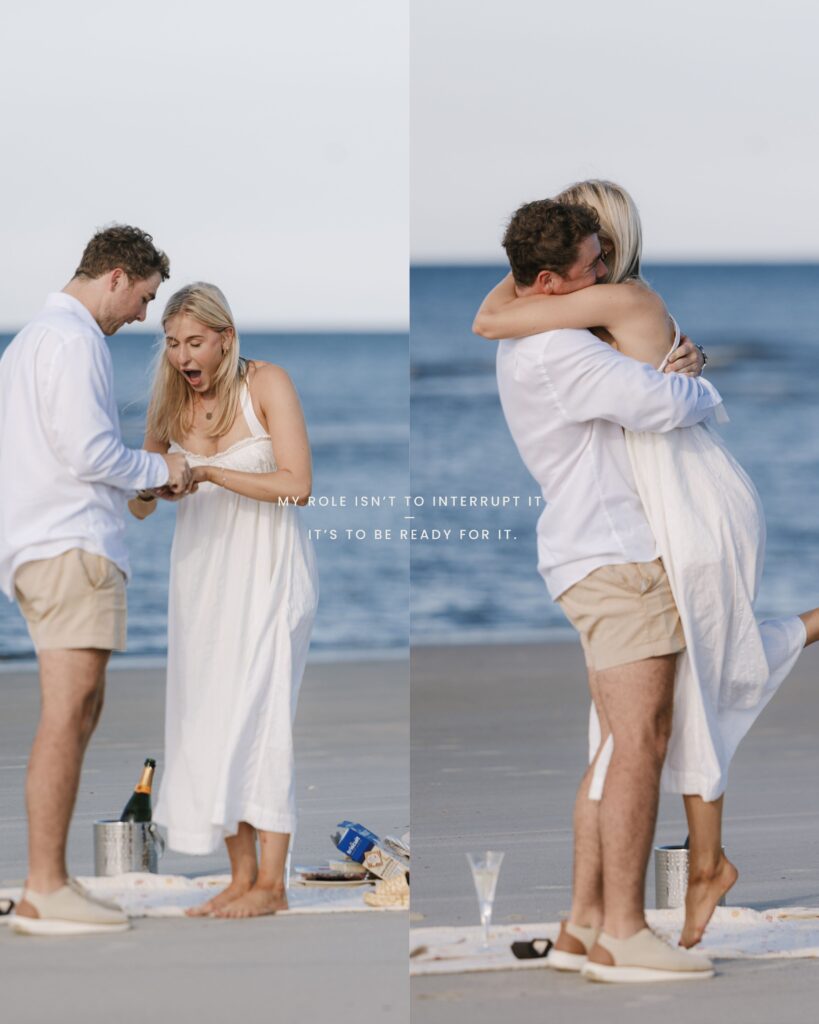A couple on the beach in Hilton Head with beautiful water in behind as he proposes to her
