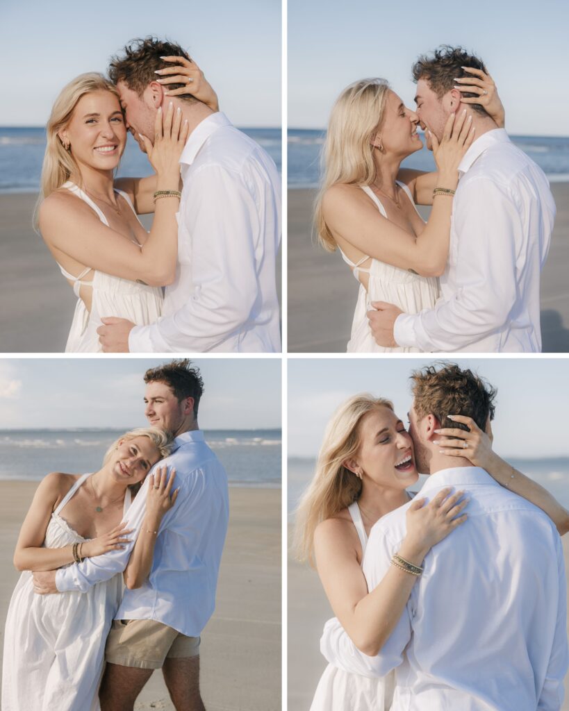 A couple proposes on the beach in Hilton Head on a beautiful sunny day and celebrate with champagne