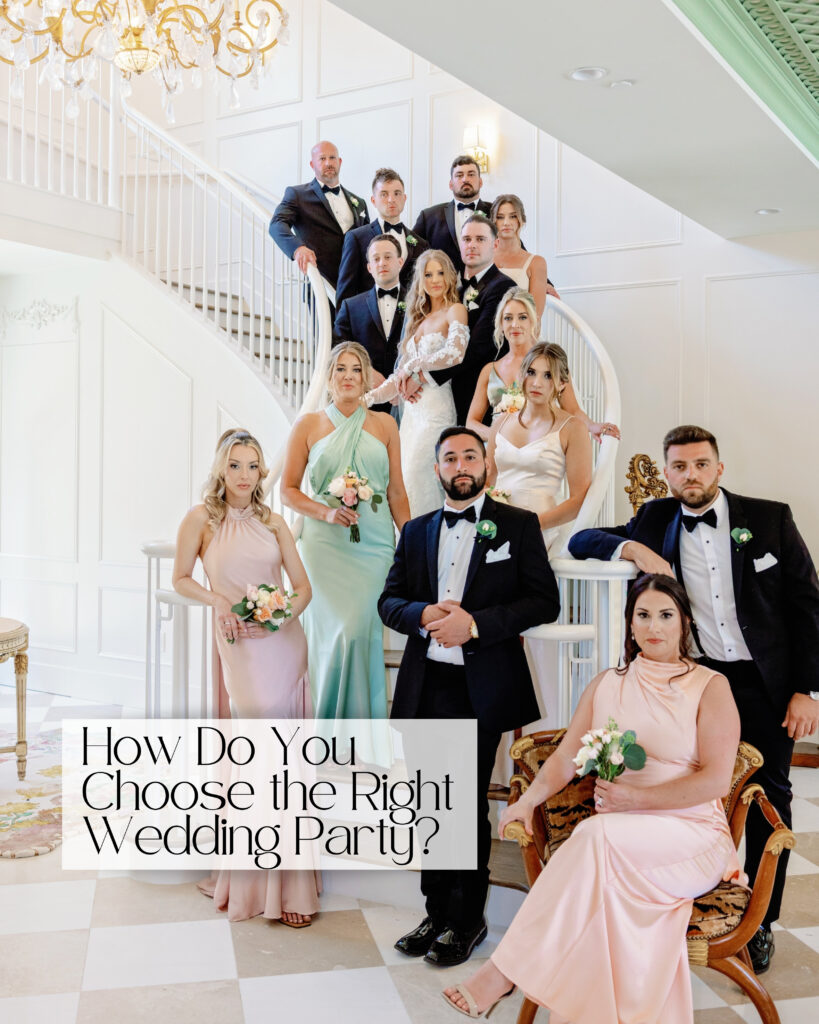 Wedding party dressed in tuxes and in pastel colored dresses cascading down the stairs at Hewitt Oaks