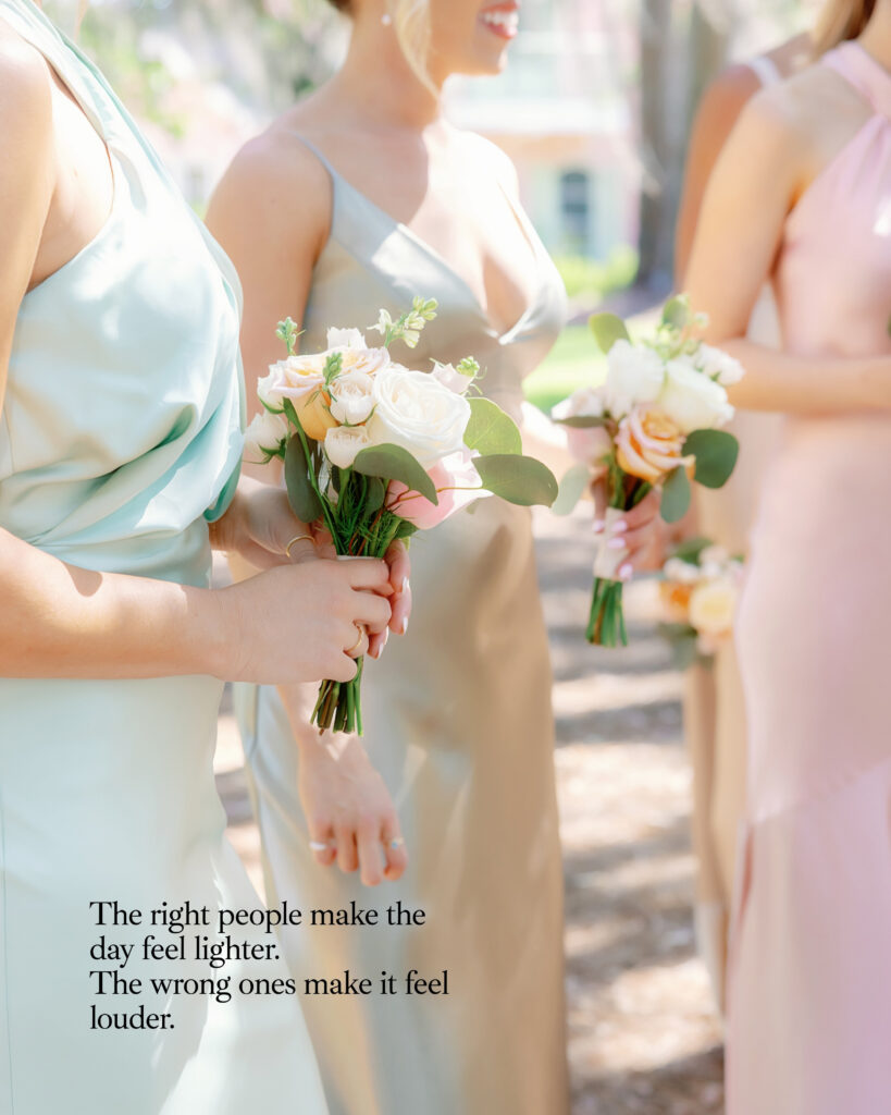 Closeup on bridesmaids holdingbouquets of pastel colored flowers at Hewitt Oaks