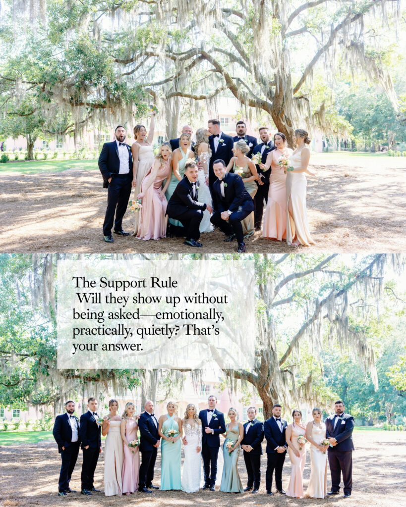 Image of wedding party in pastel colors and black tuxedos under the live oaks at Hewitt Oaks
