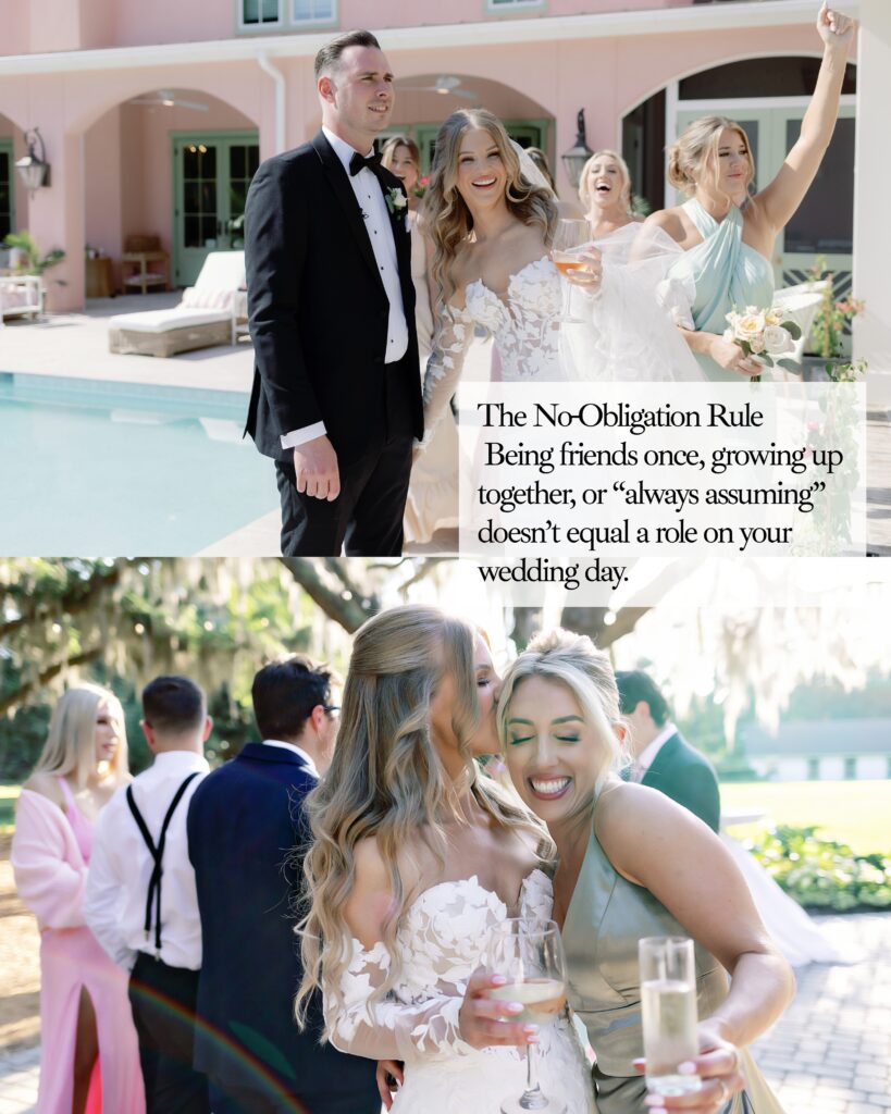 Wedding party with bride and groom celebrating outside at Hewitt Oaks