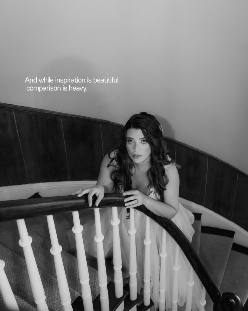 Editorial fashionable bride that is in a historical home called Cuthert House on a circular stairway with painted tapestry behind