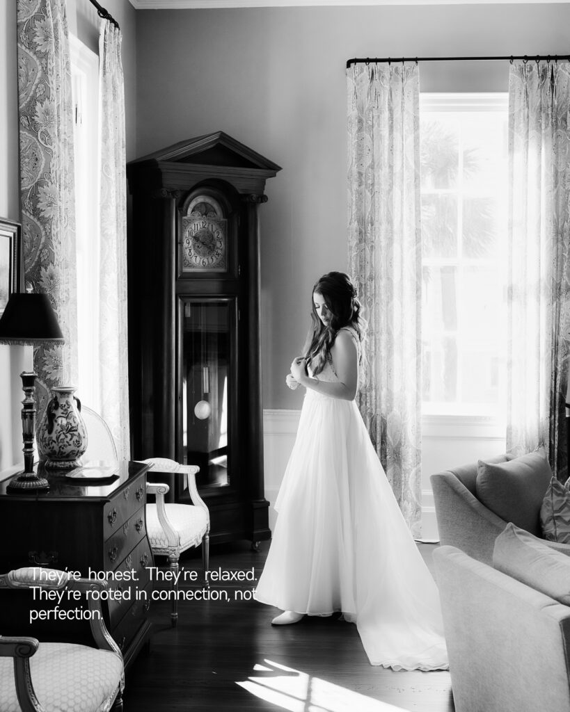 Bride in her gown in a historical house called the Cuthbert House in Beaufort