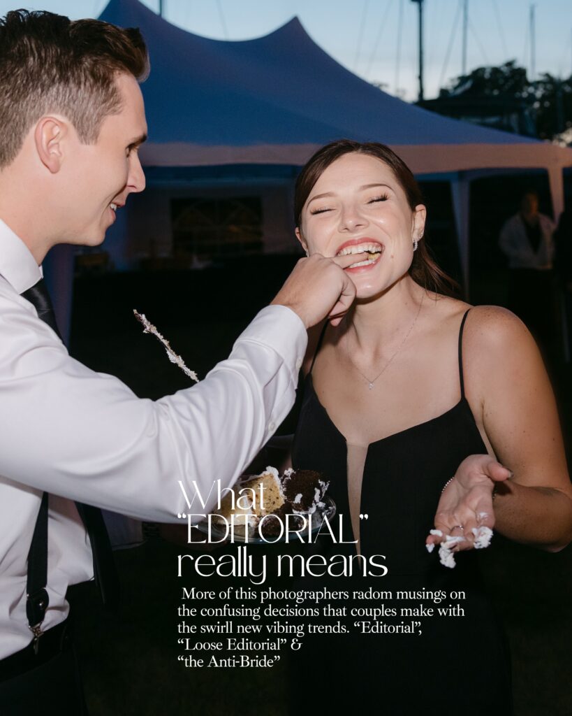 Bride and groom cutting the cake. She has a knife in her hand and frosting on her fingers and he is feeding it to her while they are laughing.