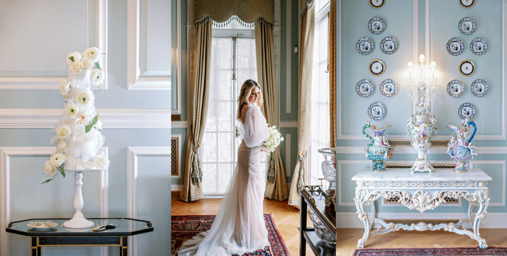 A bride in a gorgeous gown standing in front of a window inside the Kessler Armstrong House in Savannah surrounded by antiques and robins egg blue walls