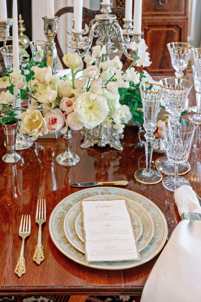 A beautiful floral arrangement on a dining room table at the Armstrong Kessler Mansion