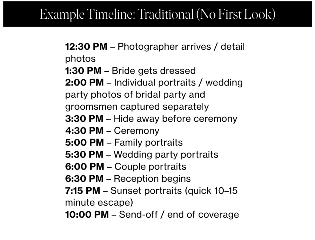 A perfect wedding day timeline for a traditional no first look day