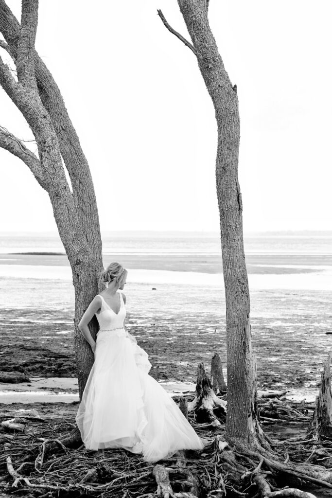 Bride on a beach in Hilton Head leaning on a tree in her gown looking out at the water